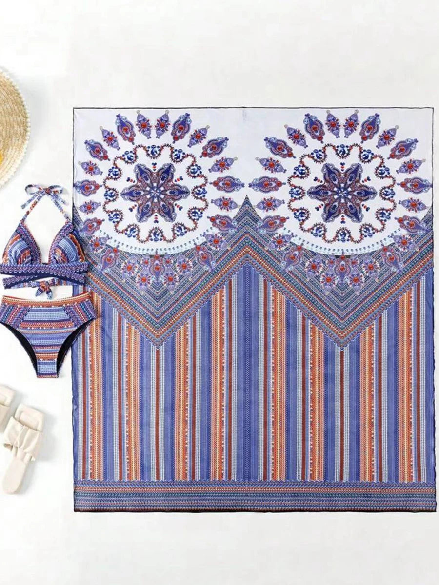 3 Pieces Printed Cross Bikinis 2025 Women Padded Swimwear With Outer Drape Swimsuit Female Bathers Bathing Swimming Suit