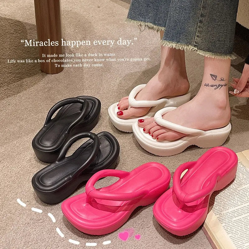 Sweet Womens Wedges Clip Toe Sandals EVA Summer Solid Thick Sole Flip Flops Indoor Outdoor Slip-on Beach Zapatillas