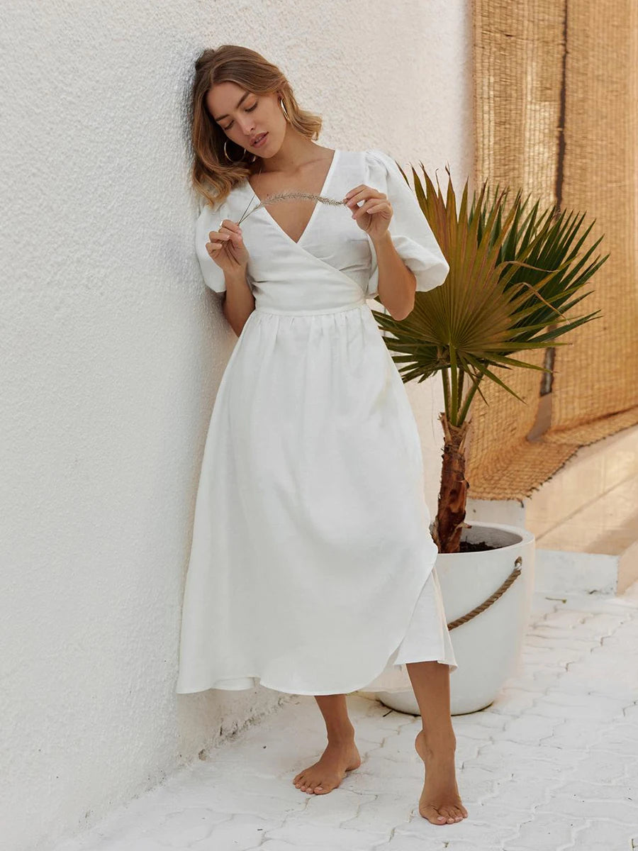 Bornladies 100% Cotton V-neck Waist Cinched Dress Unique Lantern Sleeve Sexy Slit Long Skirt Fashionable Women's Casual Dresses