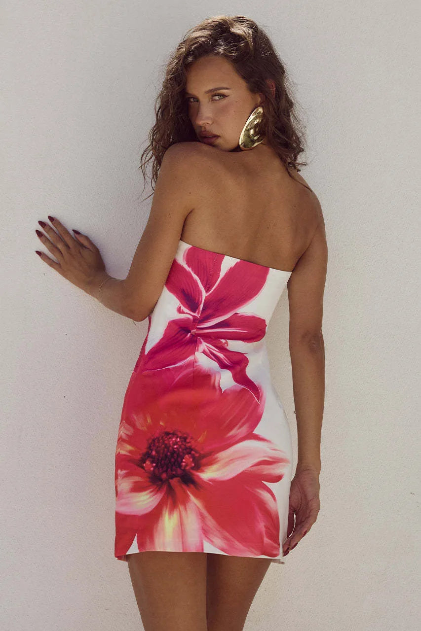 2025 Summer Sexy Women's Breast Top Flower Print Slim-fit Cover Buttock Short Dress Collarless Cover Buttock Skirt
