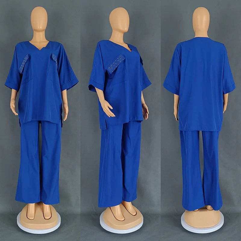 Casual African Clothes for Women Plus Size Summer Outfits Tracksuit Tops Pants 2 Piece Suit Beading Ankara Dashiki Matching Sets