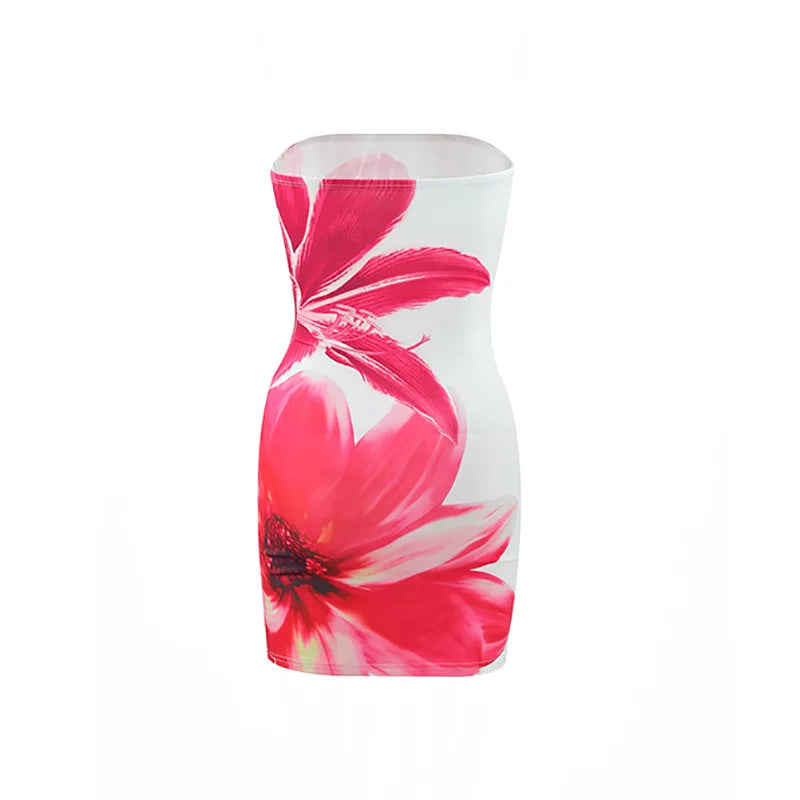 2025 Summer Sexy Women's Breast Top Flower Print Slim-fit Cover Buttock Short Dress Collarless Cover Buttock Skirt
