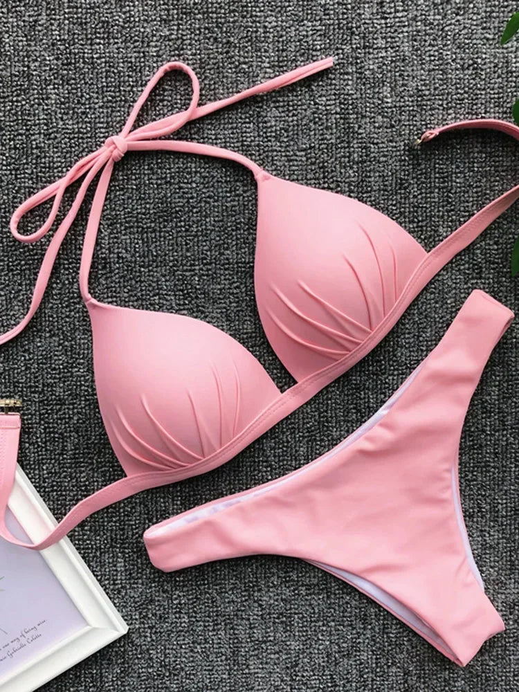 2025 Halter Bra Cup Bikini Sexy Swimsuit Female White Swimwear Women Push up Bikini set Brazilian Bathing Suit Bandeau Swim suit