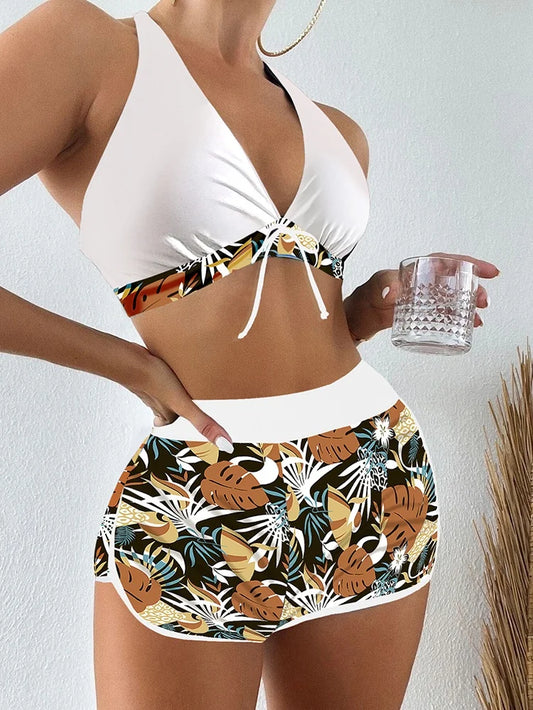 2Pcs/Set Bikinis Set Bowknot Decor Floral Print Bikini Backless Halter Bra High Waist Beachwear Female Beach Clothing