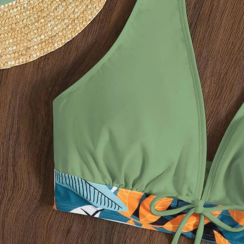 2Pcs/Set Bikinis Set Bowknot Decor Floral Print Bikini Backless Halter Bra High Waist Beachwear Female Beach Clothing