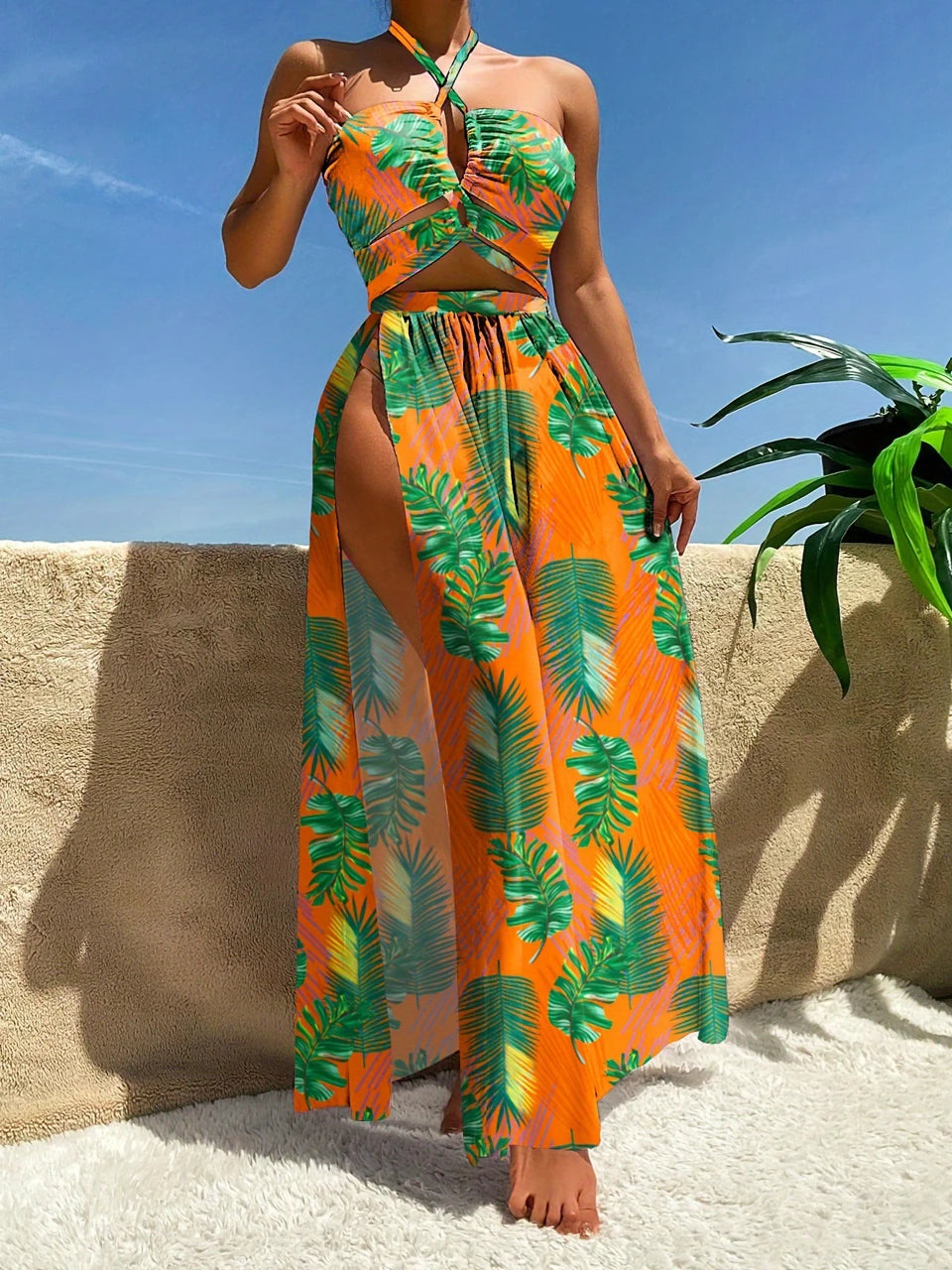 3 Pieces Tie Dye Cross Bikini 2023 Women Sexy Halter Swimsuit & Cover Up Pants Swimwear Bathers Bathing Swimming Suit Beachwear