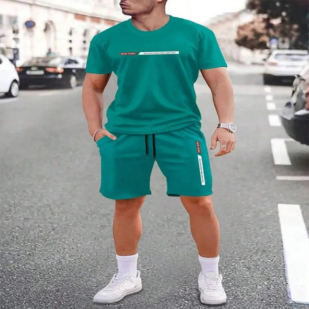 2025 urban street fashion trend men's round neck short sleeved set, outdoor simple round neck top, casual and comfortable shorts