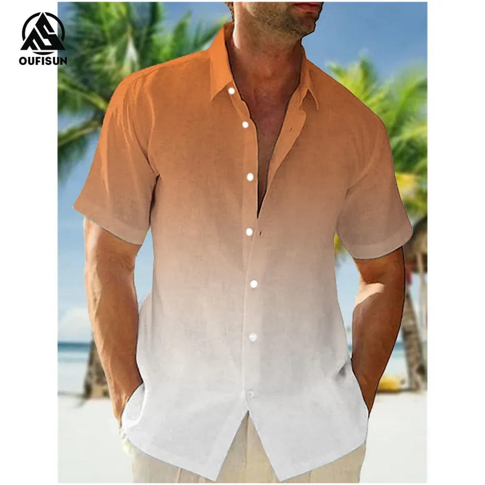 2024 Casual Men's Shirts Summer Clothing Gradient Graphics Apparel Vacation Seaside Oversized Short Sleeve Tops For Male