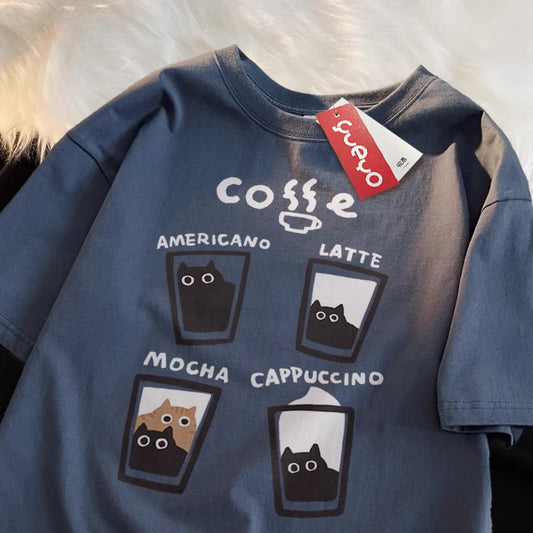 Summer Cream Coffee Cat Print Oversized Loose Short Sleeve Unisex T-shirt Women American Youth Casual Street Couple Top