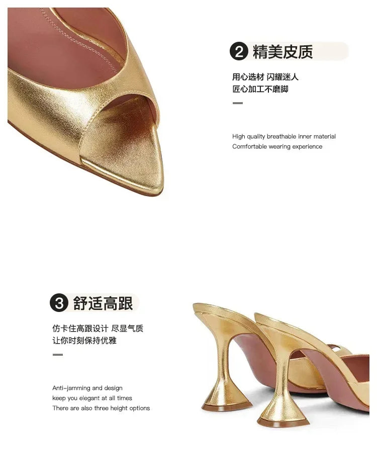 2024 New Pointed Fish Mouth Sandals, Fashionable Women's Shoes, Wine Glasses and Gold Slippers