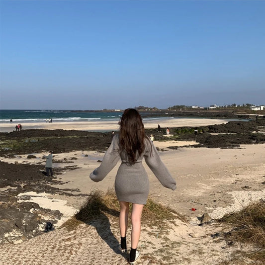 2023 Spring Autumn Sexy Cross V-neck Wrap Hip Dresses Women's Knitted Sweater Dress Fashion Tight Short Dress