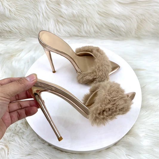 Super High Heels Summer Women Slippers Fur pointed toes Slip On Slides high heels 12cm sexy women sandals 33-4512cm