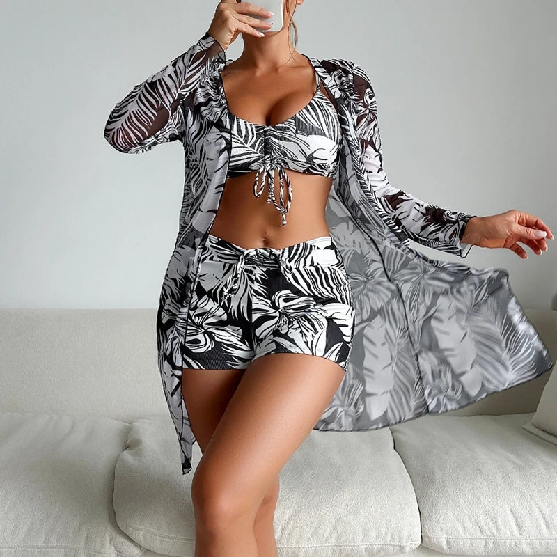 2025 New Women 3 Pieces Swimsuit Leaf Pattern Bikini Set+Long Sleeve Cover Up Tankini Beachwear Drawstring Swimwear Bathing Suit