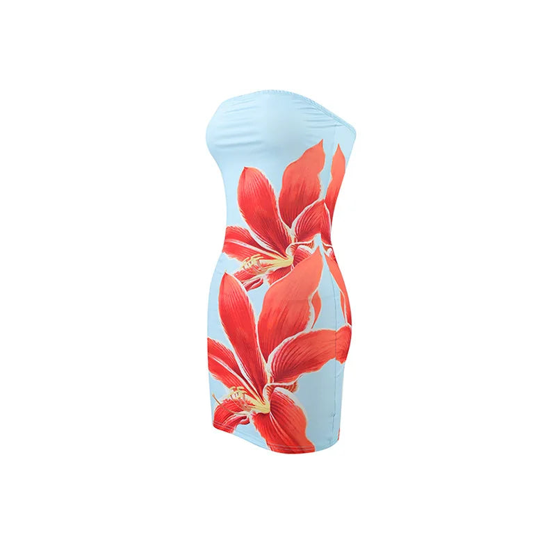 2025 Summer Sexy Women's Breast Top Flower Print Slim-fit Cover Buttock Short Dress Collarless Cover Buttock Skirt