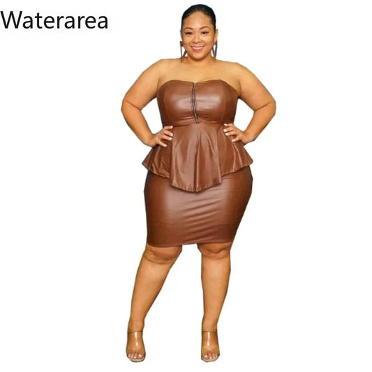 Waterarea Plus Size Elegant Faux Leather Bodycon Midi Skirt Suit Women Strapless Zipper Fly Ruffles Top Two 2 Piece Set Outfits