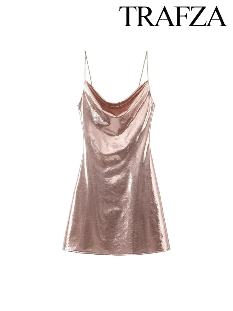 TRAF Women's Metallic Colour Glitter Dress Sexy Backless Sleeveless Spaghetti Strap Dresses Party Bar Sleeveless Short Dresses