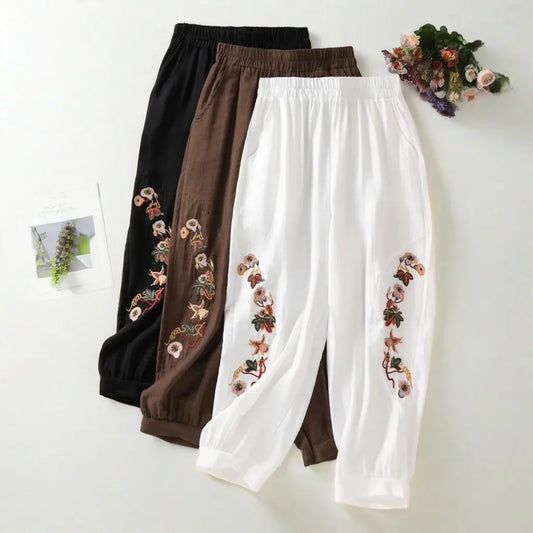Coffee Embroidery Bloomers Casual Solid Elastic High Waist Loose Women's Pants Ankle-Length Pants For Women Clothing Fashion