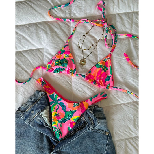 2025 Halter Bikinis Women Swimsuit New Sexy Swimwear Print Brazilian Bikini Set Micro Biquini Female Cute Beachwear