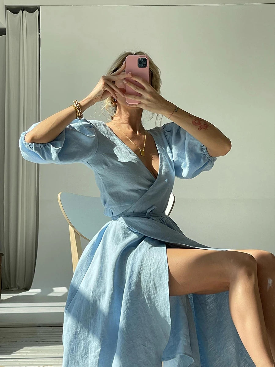 Bornladies 100% Cotton V-neck Waist Cinched Dress Unique Lantern Sleeve Sexy Slit Long Skirt Fashionable Women's Casual Dresses