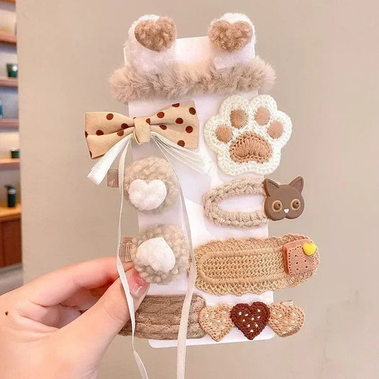 Autumn Winter 8Pcs Kids Hairclip Cartoon Bear Cute Bowknot Baby Princess Hair Accessories Newborn Cream Color Hairclips For Girl