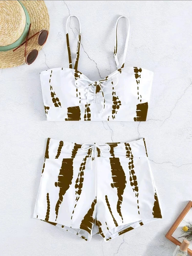 2025 Tie Dye Bikini Drawstring Swimsuit Women High Waist Shorts Swimwear Female Padded Bathing Suit Swimming Beachwear Summer