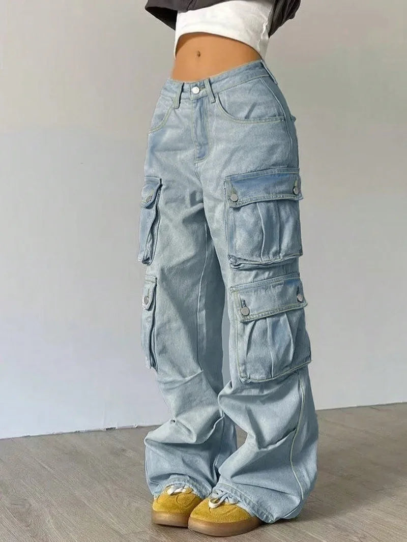 Women Harajuku Y2K Streetwear Jeans American Style Retro Multi-Pocket Straight Cargo Pants Trend Mid-waist Casual Blue Trousers