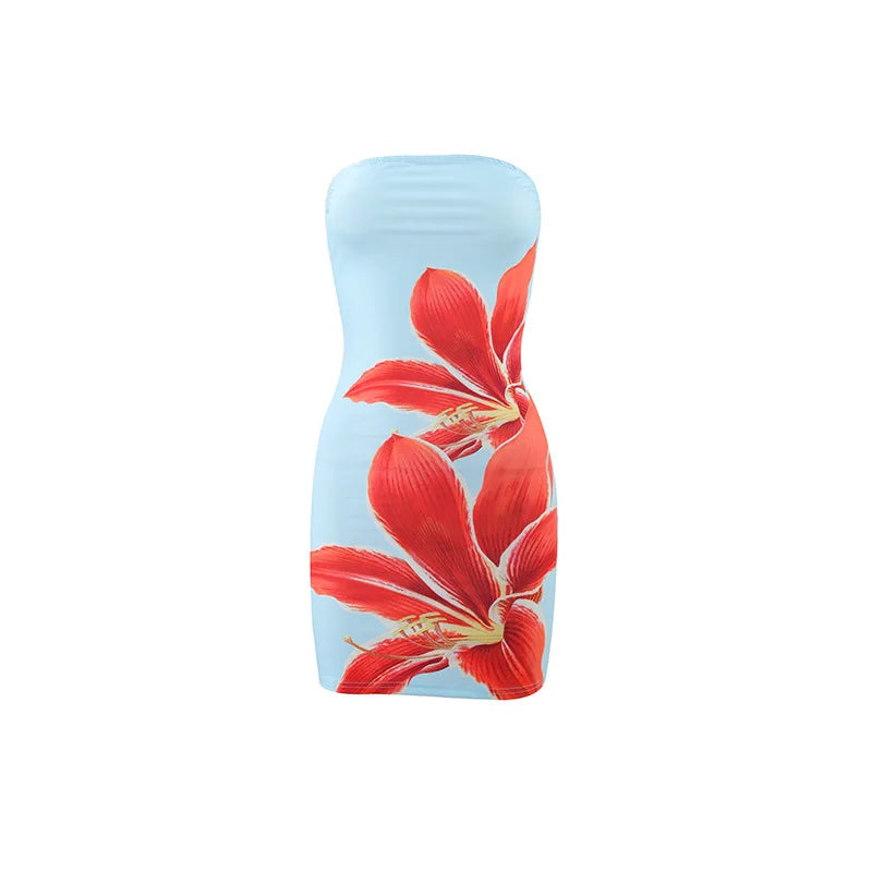 2025 Summer Sexy Women's Breast Top Flower Print Slim-fit Cover Buttock Short Dress Collarless Cover Buttock Skirt