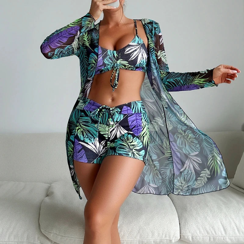 2025 New Women 3 Pieces Swimsuit Leaf Pattern Bikini Set+Long Sleeve Cover Up Tankini Beachwear Drawstring Swimwear Bathing Suit