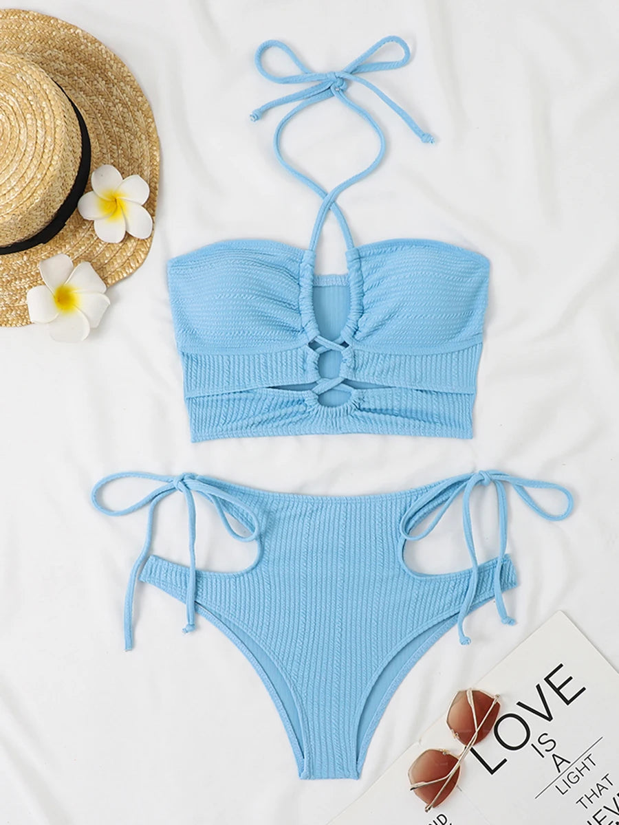 2025 Sexy High Wasited Swimsuit Women Solid Bikini Hollow Out Cross Swimwear Female Bathers Bathing Swimming Swim Suit Beachwear