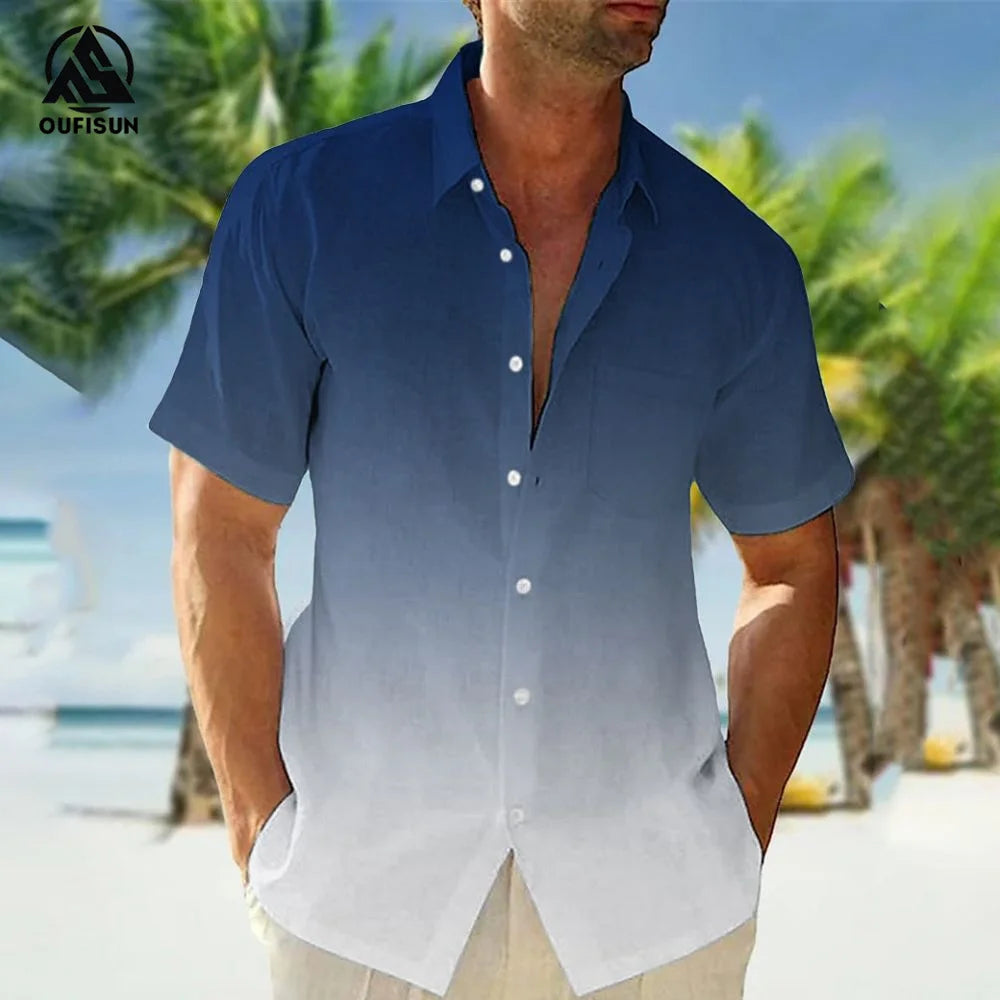 2024 Casual Men's Shirts Summer Clothing Gradient Graphics Apparel Vacation Seaside Oversized Short Sleeve Tops For Male