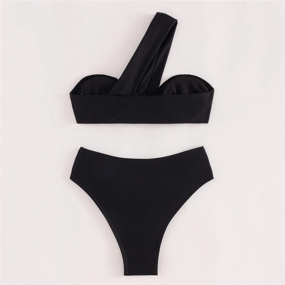 Brown One Shoulder Bikini High Waist Sexy Swimsuit Women 2025 Solid Swimwears Bathing Suit Bandeau Bikinis Sets De Mujer Biquini