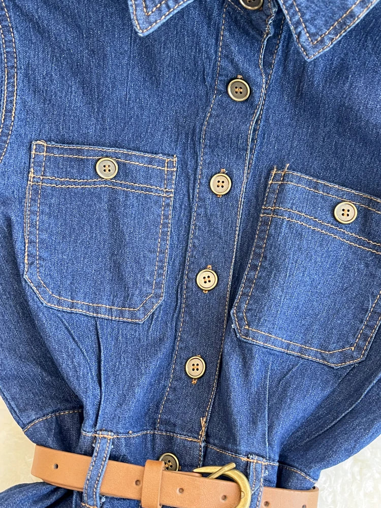 XFPV Women's Sweet Short Denim Dress For Women Belt Slim Short Sleeved Vestidos Korean Fashion Spring Summer 2025 SM11153