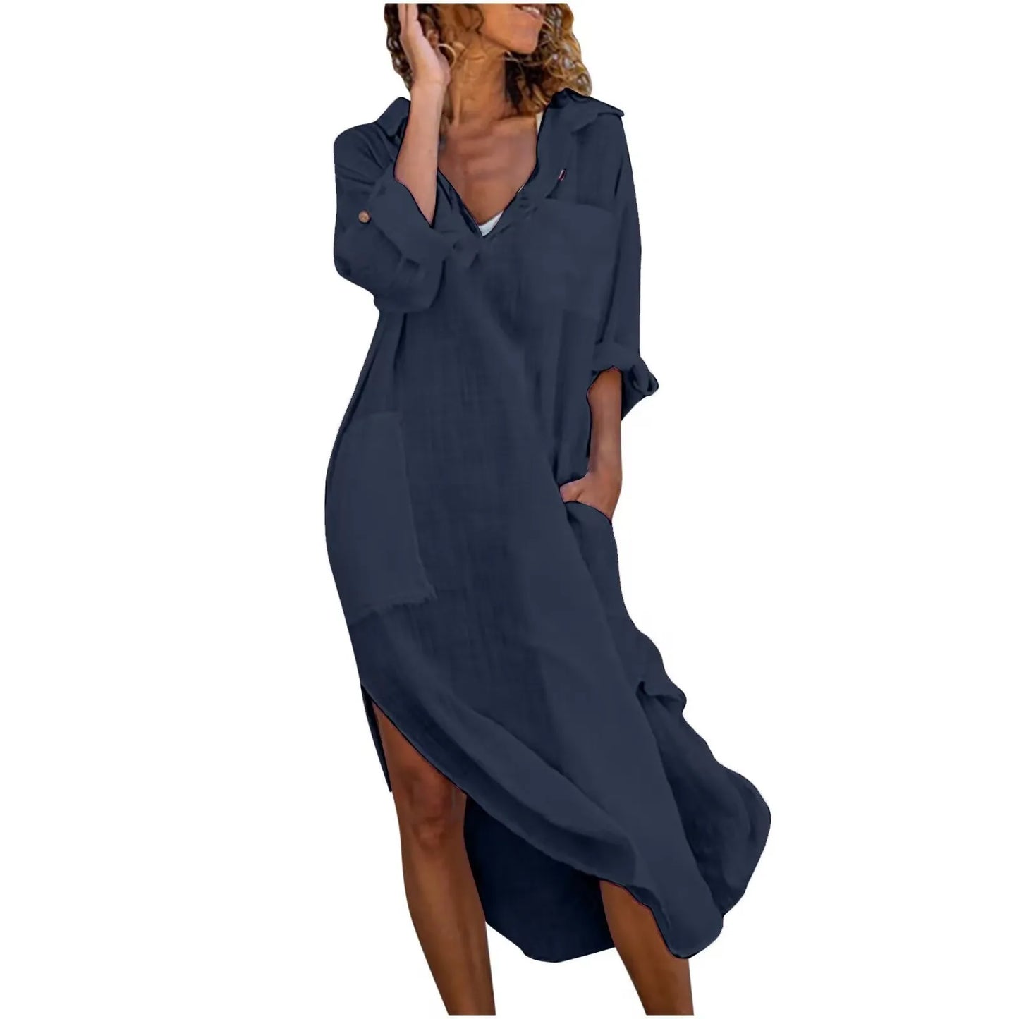Autumn New Solid Color Cotton Linen Long DressV-neck Button Slit Pockets Loose Breathable Casual Temperament Elegant Shirt Dress
