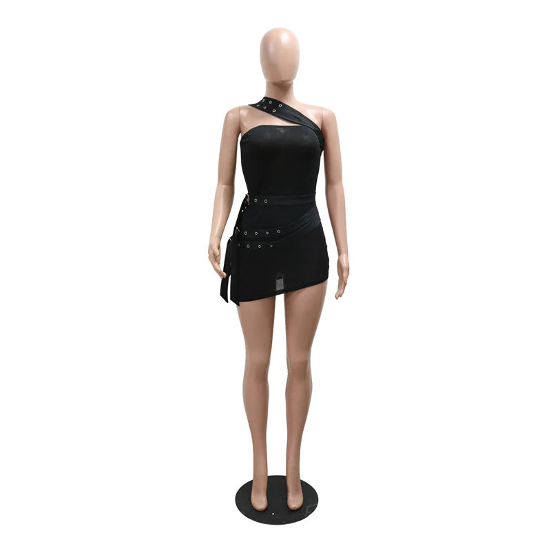 Summer Women Sleeveless Perspective Bodycon Sexy Night Club Mini Dress Inclined Collar Sashes Irregular Party Dress Black White