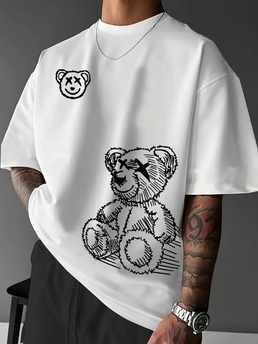 Summer men's 100% pure cotton casual sports loose and fashionable cartoon bear pattern printed round neck short sleeved T-shirt