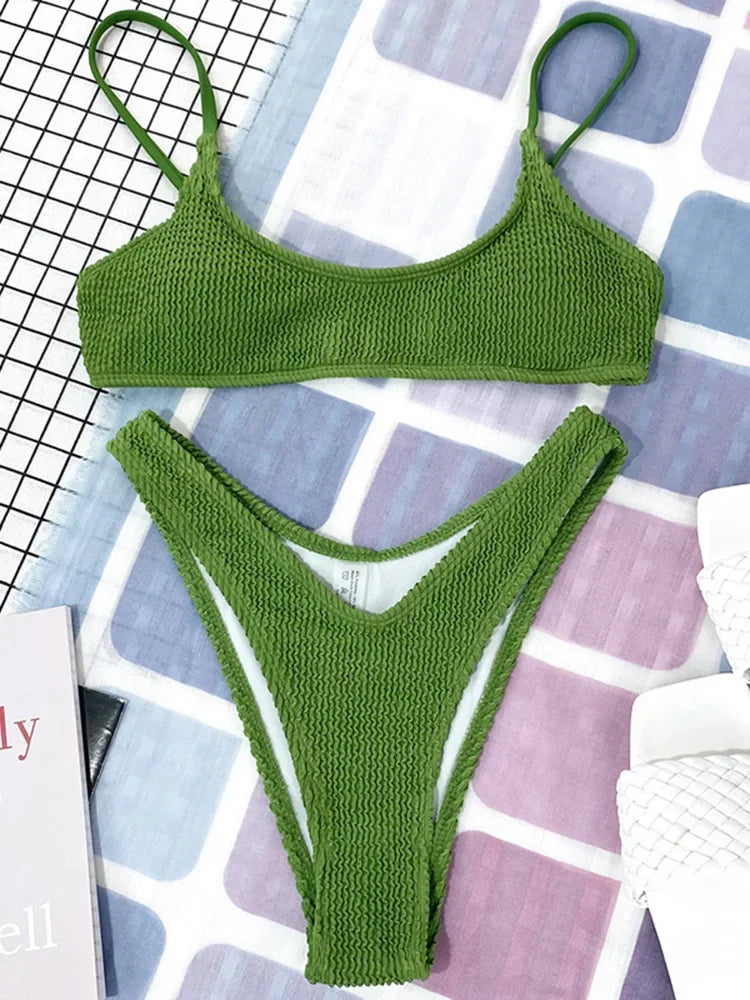 7 Colors Wrinkled Crinkled Triangle Bikini Women Swimwear Female Swimsuit Two-pieces Bikini set Bather Bathing Suit Swim Lady