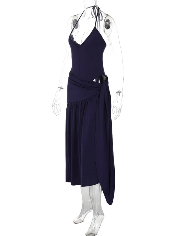 Women Sexy Cut Out Dress Sets Halter Deep V Neck Bodysuit and Tie Maxi Long Skirt Set 2025 Summer Two 2 Piece Vacation Outfits