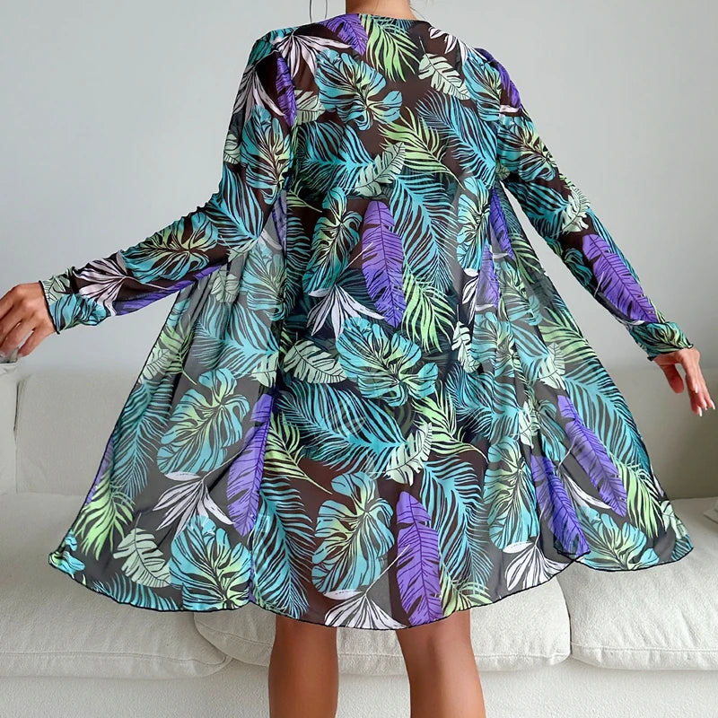 2025 New Women 3 Pieces Swimsuit Leaf Pattern Bikini Set+Long Sleeve Cover Up Tankini Beachwear Drawstring Swimwear Bathing Suit