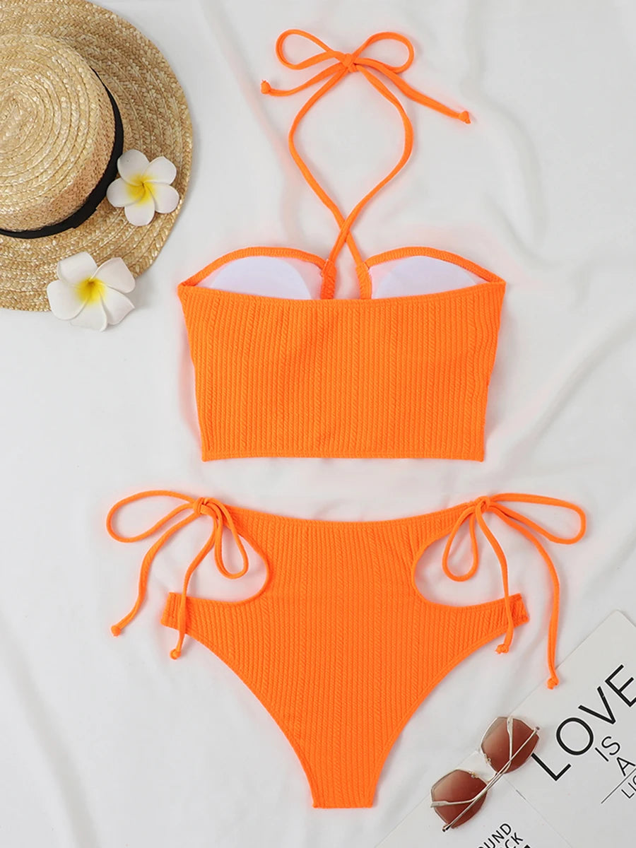 2025 Sexy High Wasited Swimsuit Women Solid Bikini Hollow Out Cross Swimwear Female Bathers Bathing Swimming Swim Suit Beachwear