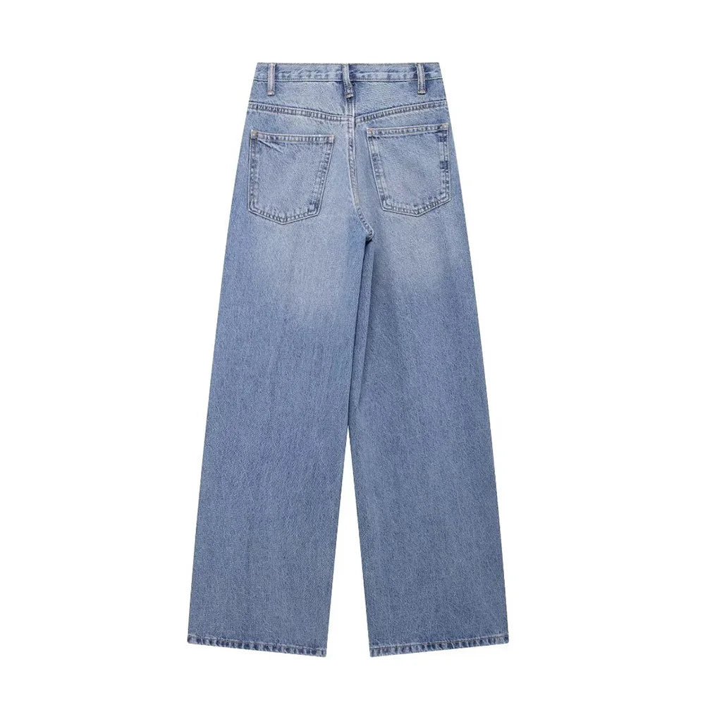 TRAF Women's Basic Hundred Jeans New Fashion Asymmetric Design High Waist Wide Leg Trousers Casual Women's Straight Leg Jeans