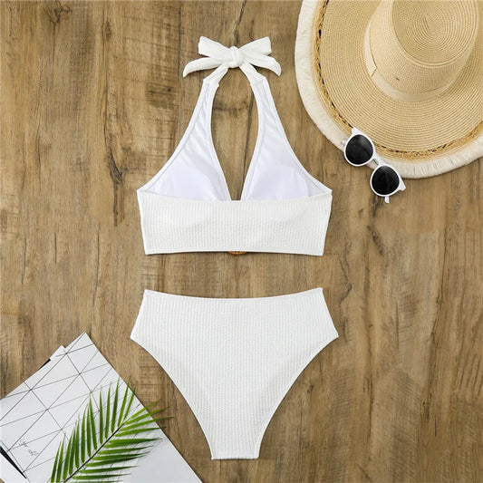 White Ribbed Halter Swimwear High Waisted Bikini Set 2025 Sexy Swimsuit Women Ring Bathing Suit Swimming Wear Bikinis De Mujer