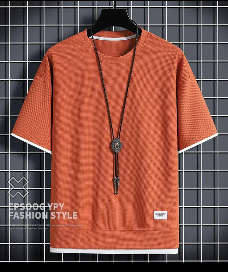 1pcs Men Summer T-Shirt Man Short Sleeved Waffle Solid T-Shirt Male Solid Color Casual Tee Round Men's Round Neck Fashion Top