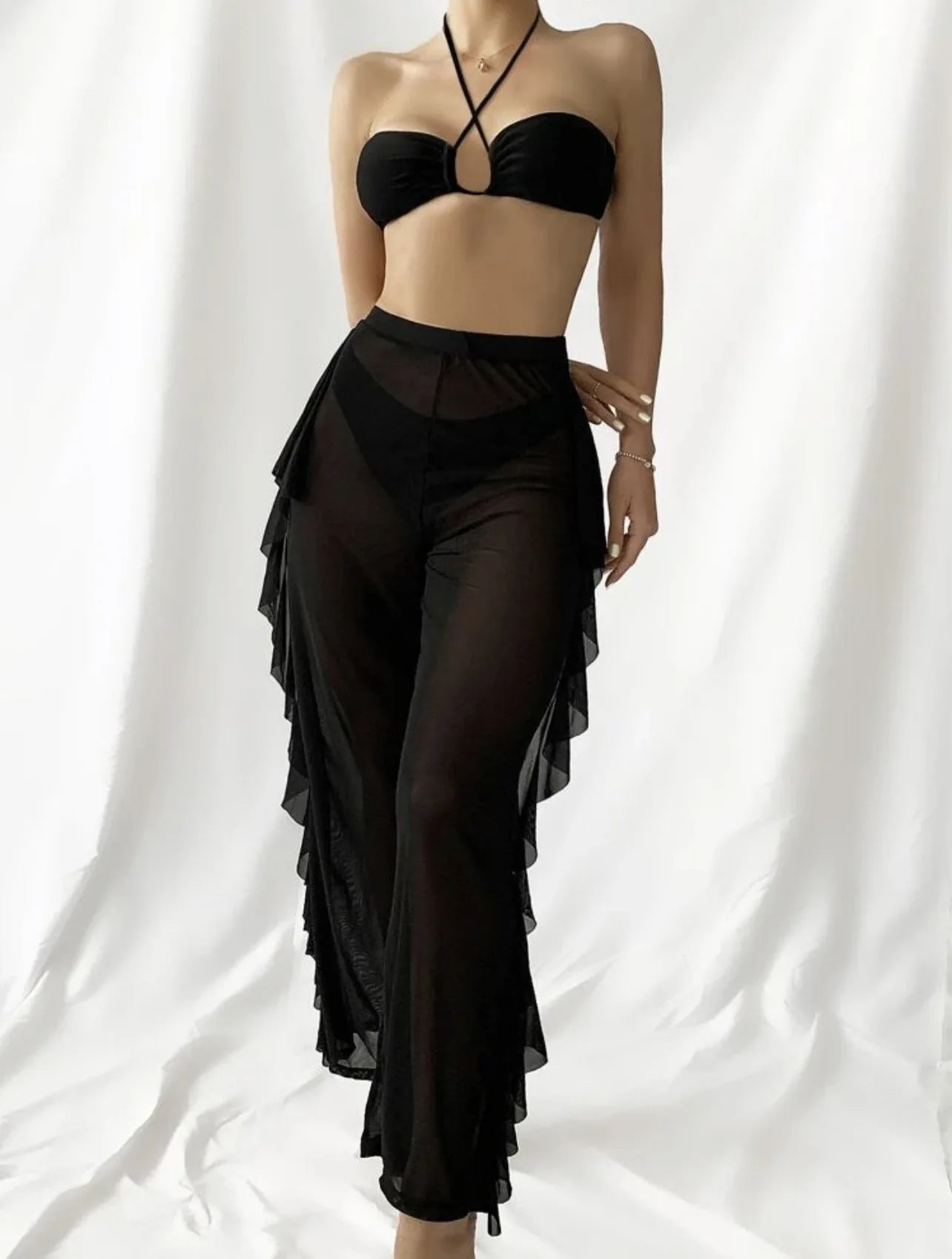 Bikini And Cover Up Set Plain Criss Cross Halter With Ruffle Pants Bandeau Swimsuit Women 2024 Black/White Swimwear Bathing Suit