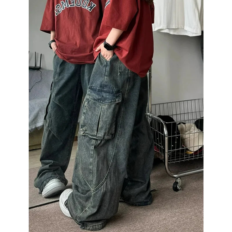 American Vintage High Waist Straight Blue Jeans Women's Casual High Street Pants Baggy Y2K Wide Leg Grunge Washed Denim Trouser