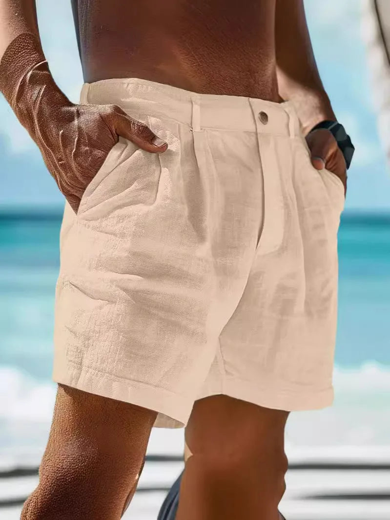 2025 Summer Cotton Linen Shorts for Men Solid Casual Button Pocket Beach Shorts Men's Comfortable Simple Vacation Leiture Pants