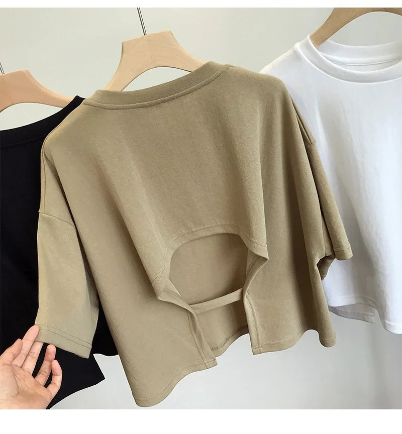Summer New Ladies Casual Backless T-Shirt 2023 Korean Women Round Neck Loose Sweet Spicy Wind Short-Sleeved Crop Tops