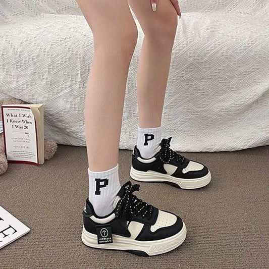 Casual Sports Shoes Board Shoes Women's Sneakers New Muffin Thick Bottom Khaki Black White Color Matching Fashion Women's Shoes