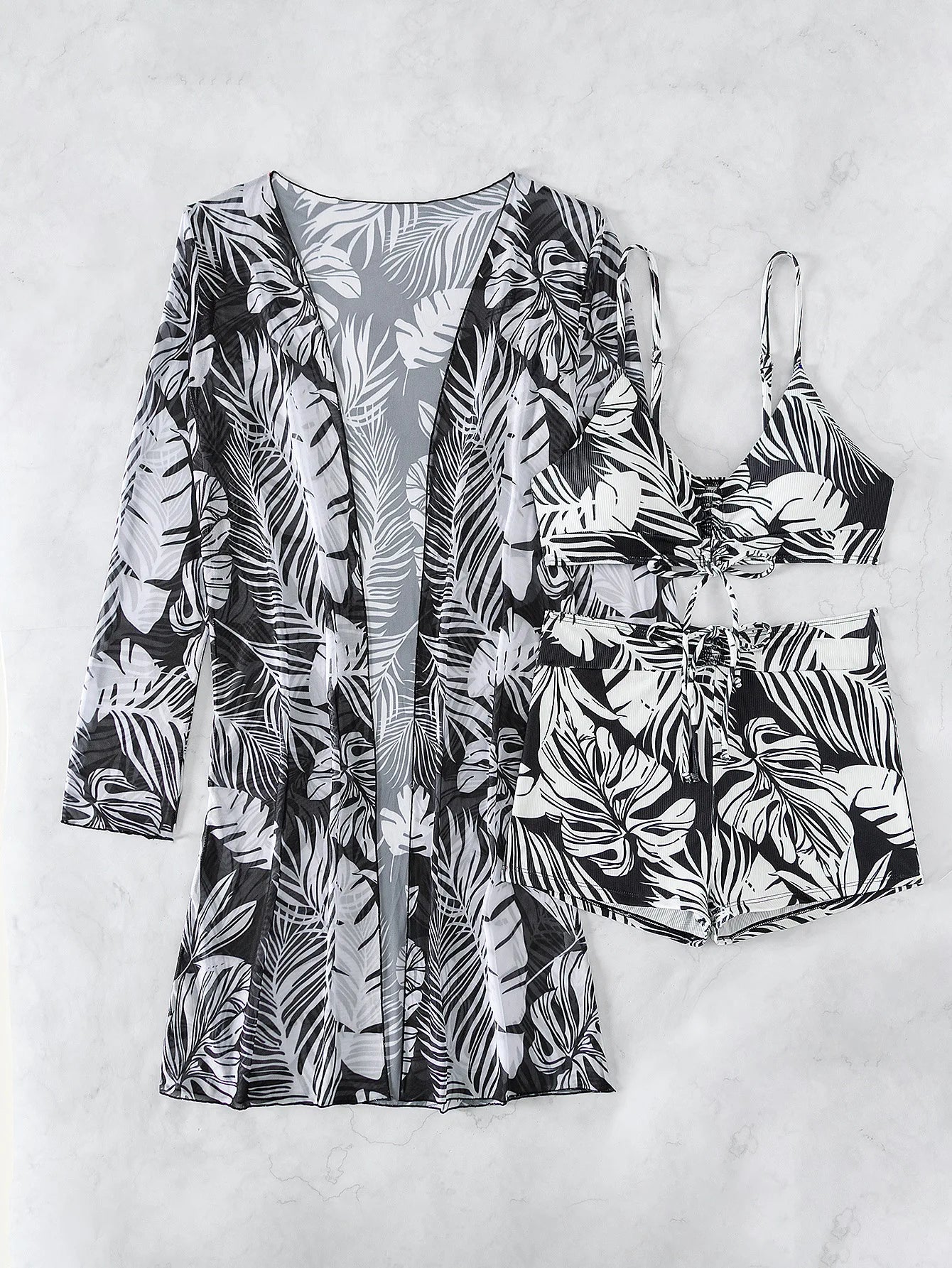 2025 New Women 3 Pieces Swimsuit Leaf Pattern Bikini Set+Long Sleeve Cover Up Tankini Beachwear Drawstring Swimwear Bathing Suit