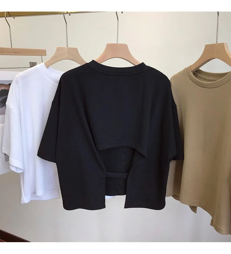 Summer New Ladies Casual Backless T-Shirt 2023 Korean Women Round Neck Loose Sweet Spicy Wind Short-Sleeved Crop Tops