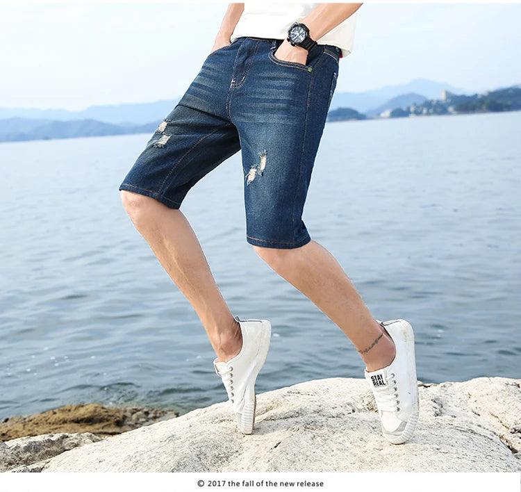 29-40 New Summer Men's Personalized Washable Perforated Denim Pants Large Casual Middle Pants